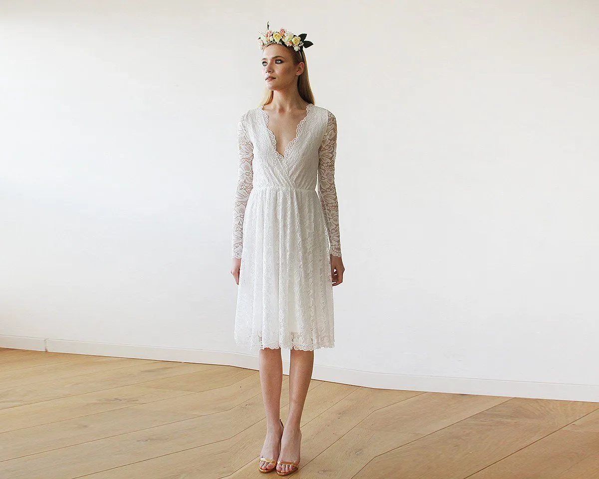 Ivory Lace Long Sleeve Short Bridal Gown 1161