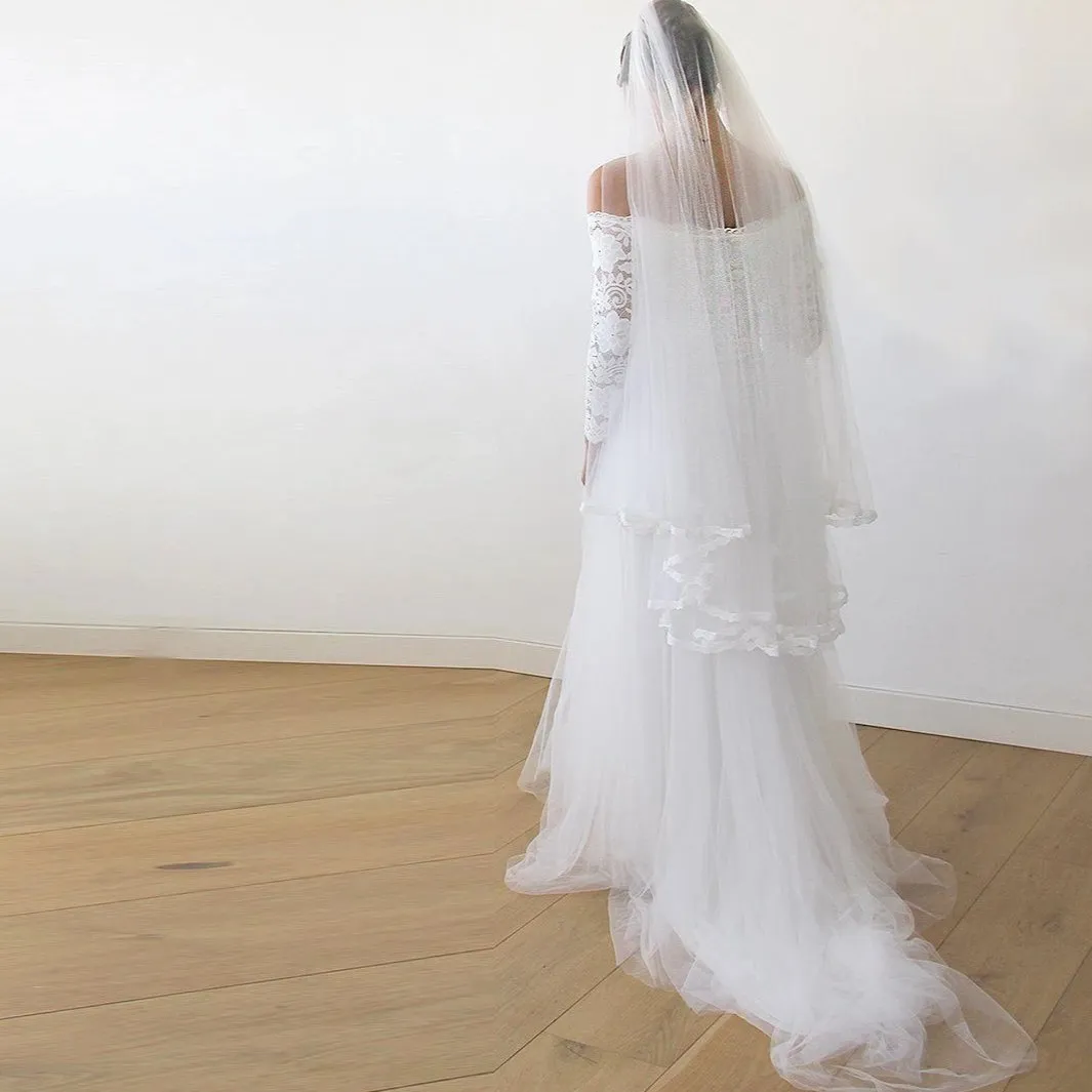 Ivory Off-The-Shoulder Lace and Tulle Train Wedding Gown 1162