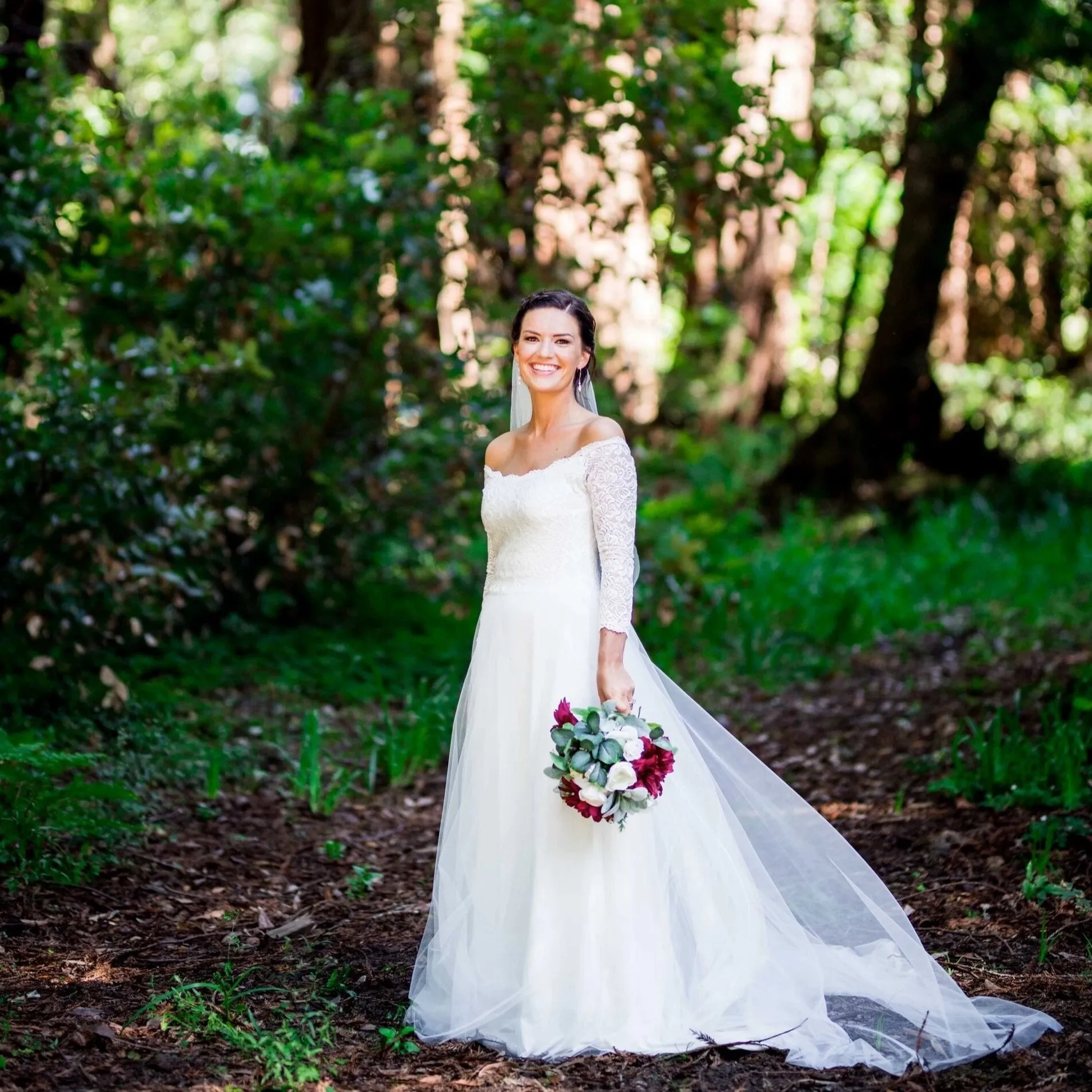 Ivory Off-The-Shoulder Lace and Tulle Train Wedding Gown 1162