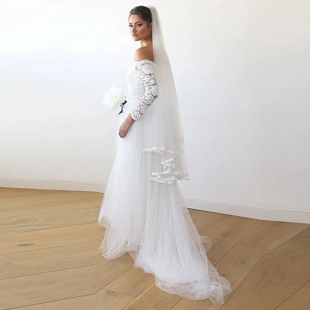 Ivory Off-The-Shoulder Lace and Tulle Train Wedding Gown 1162