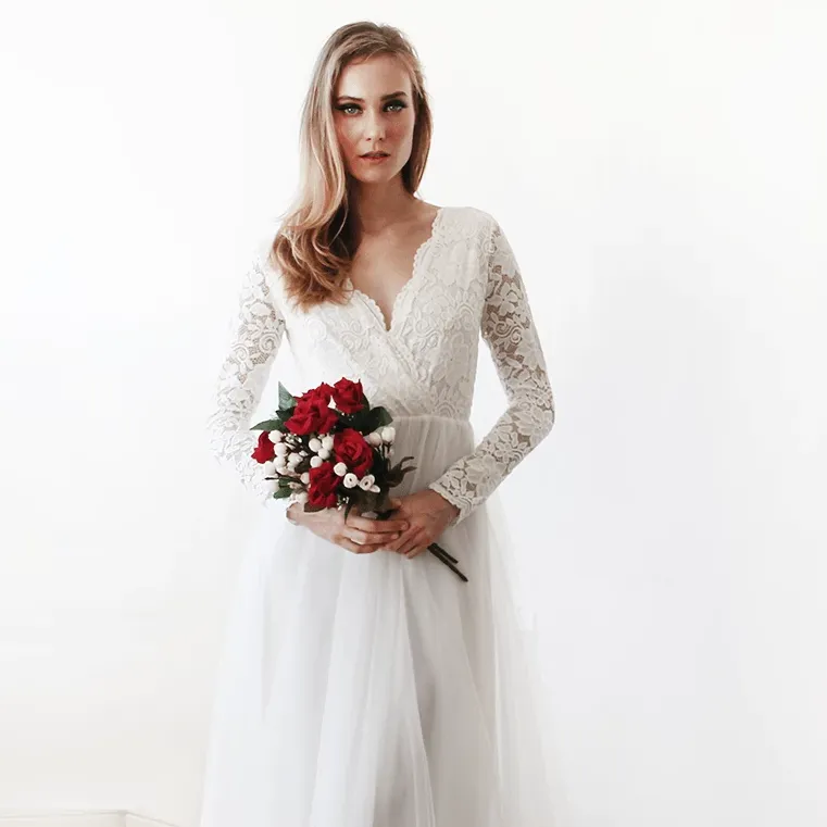 Ivory Tulle and Lace Long Sleeve Wedding Maxi Dress 1125