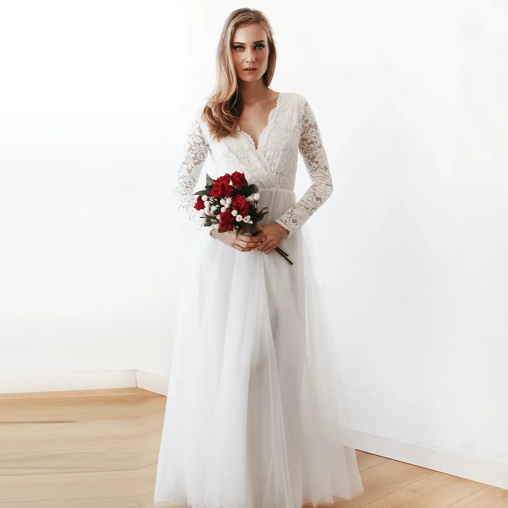 Ivory Tulle and Lace Long Sleeve Wedding Maxi Dress 1125