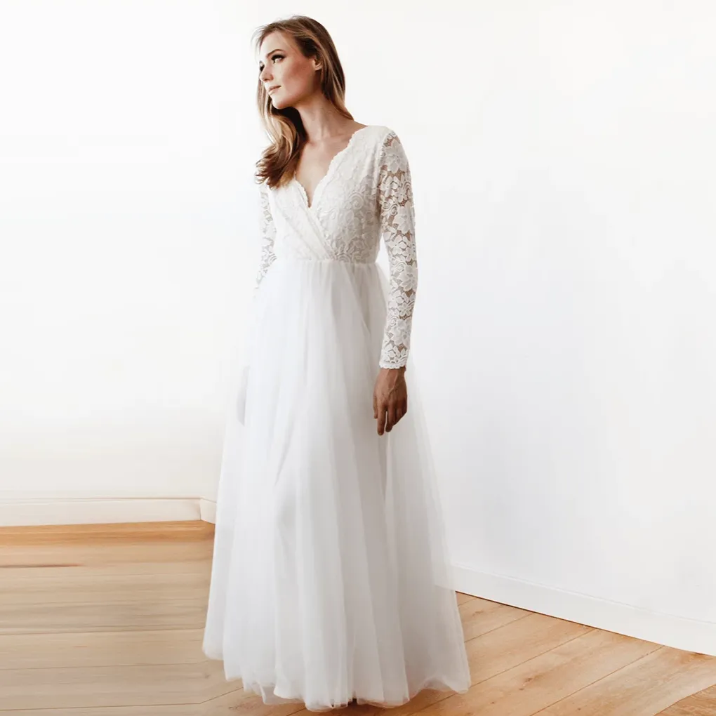 Ivory Tulle and Lace Long Sleeve Wedding Maxi Dress 1125