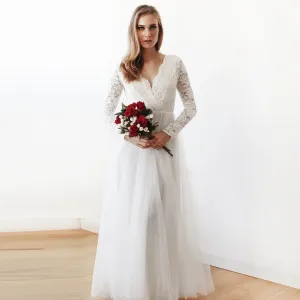 Ivory Tulle and Lace Long Sleeve Wedding Maxi Dress 1125