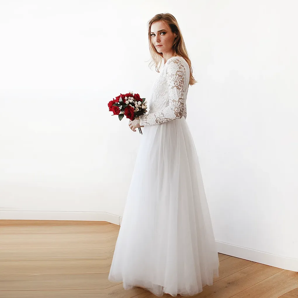 Ivory Tulle and Lace Long Sleeve Wedding Maxi Dress 1125