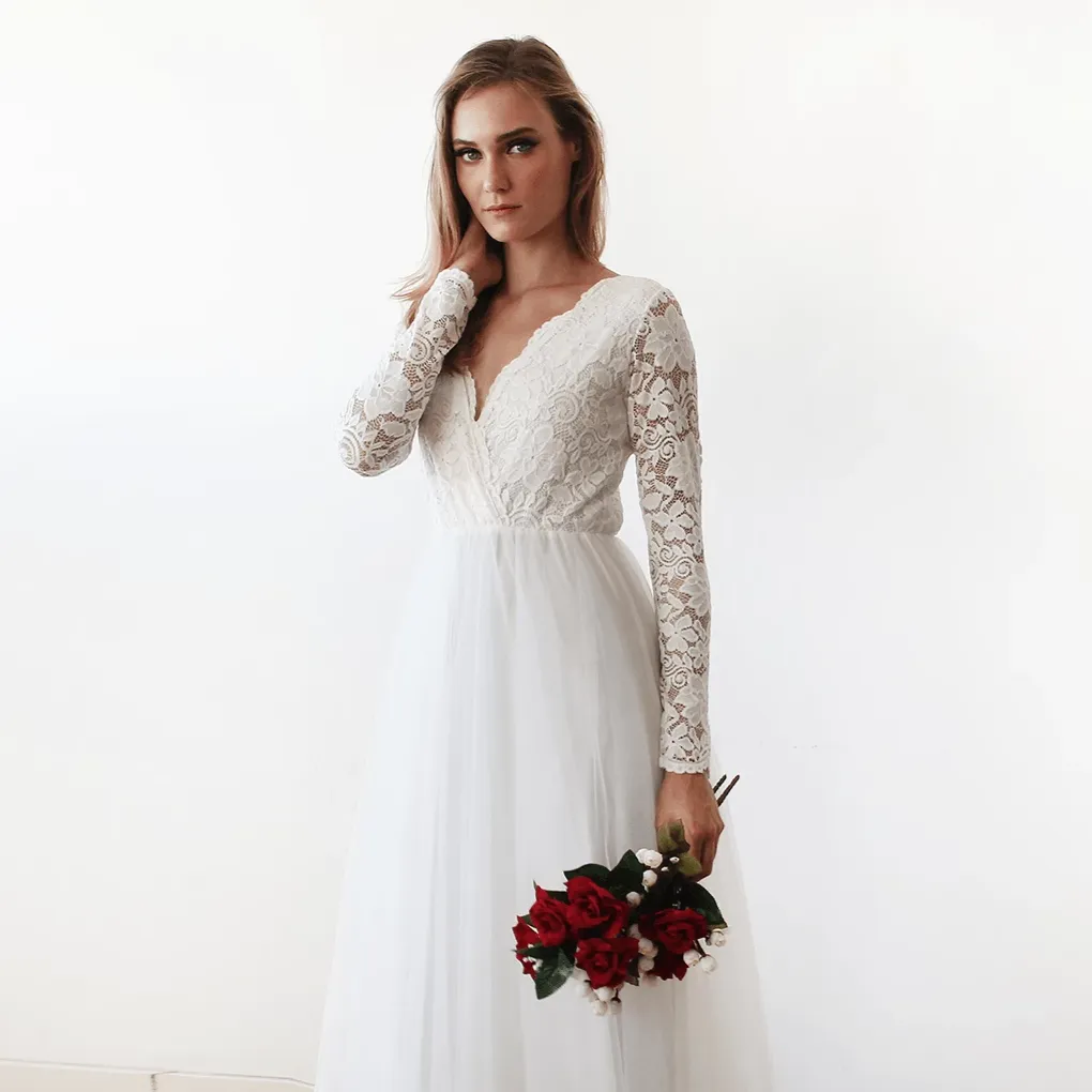 Ivory Tulle and Lace Long Sleeve Wedding Maxi Dress 1125