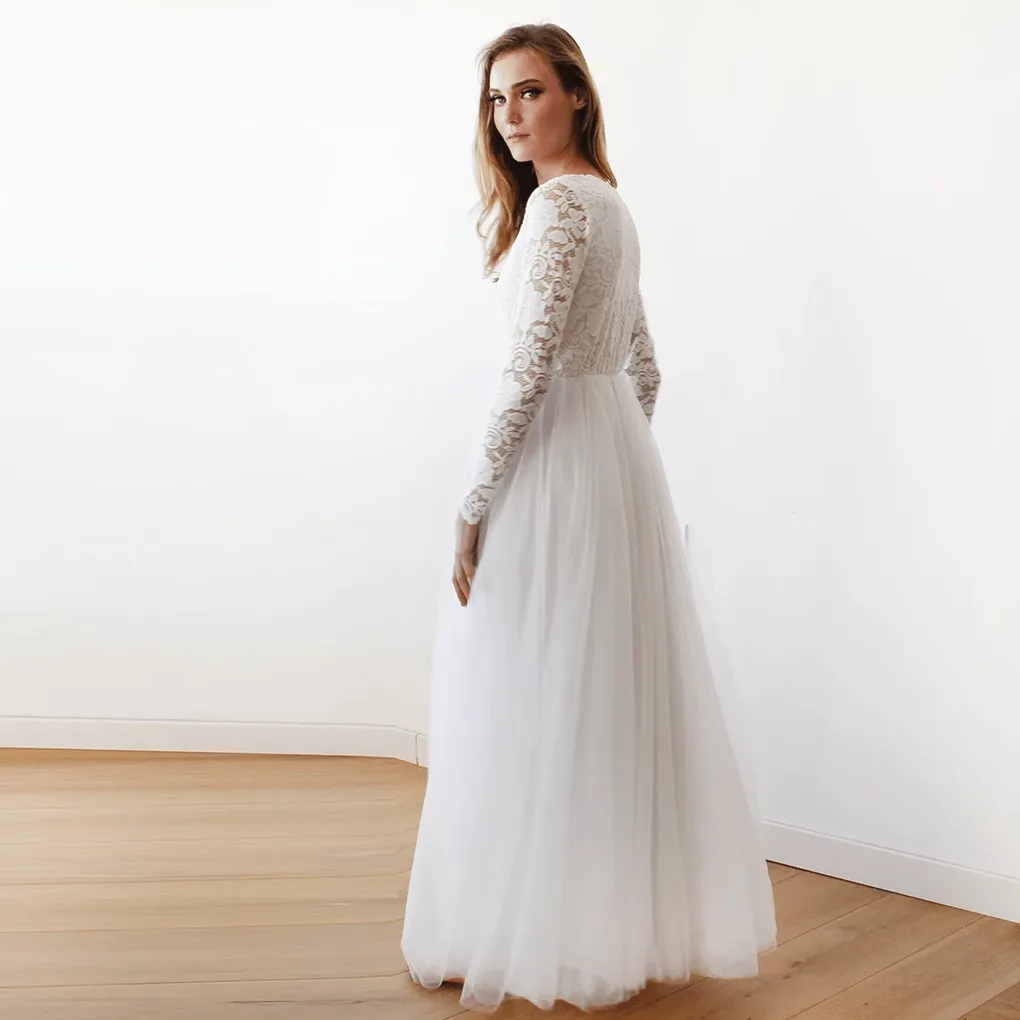 Ivory Tulle and Lace Long Sleeve Wedding Maxi Dress 1125