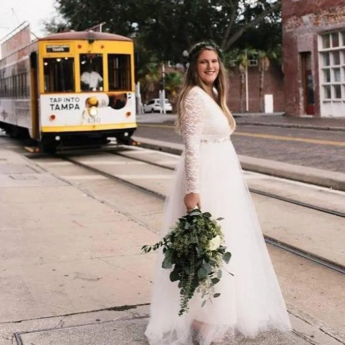 Ivory Tulle and Lace Long Sleeve Wedding Maxi Dress 1125