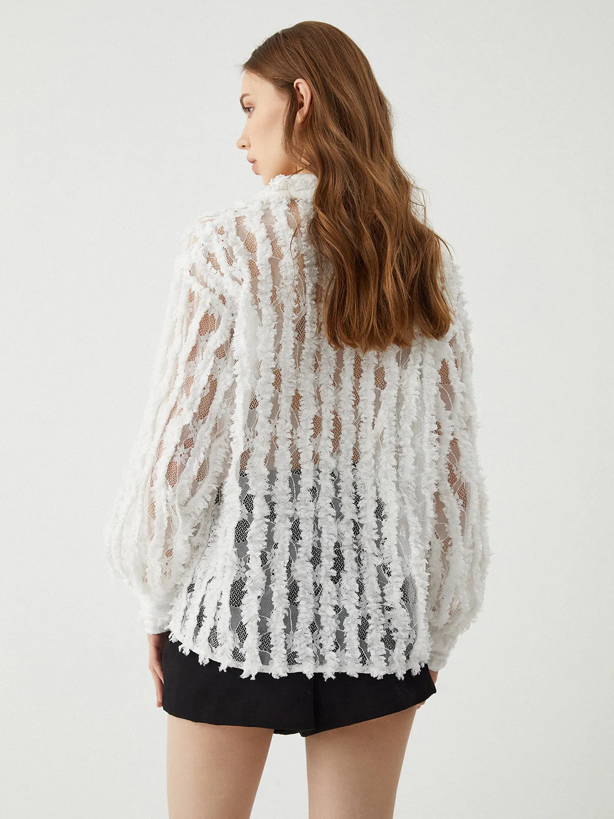 Jacquard Lace Graceful Patchwork Striped Blouse