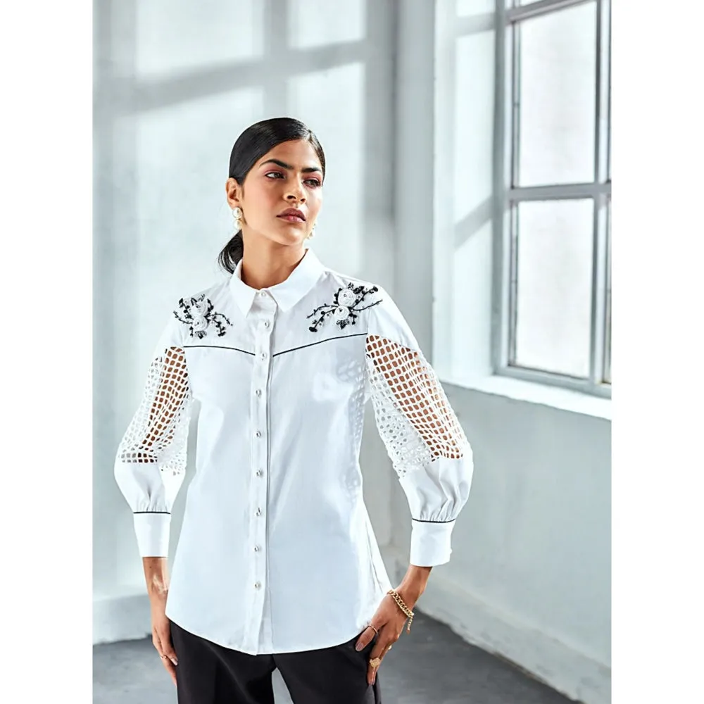 Label Deepika Nagpal Patrick White Embellished Shirt With Shifley Sleeves