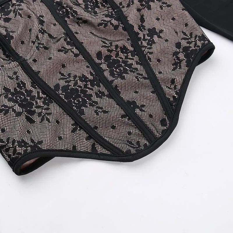 Lace contrast corset long sleeve zip-up self tie top