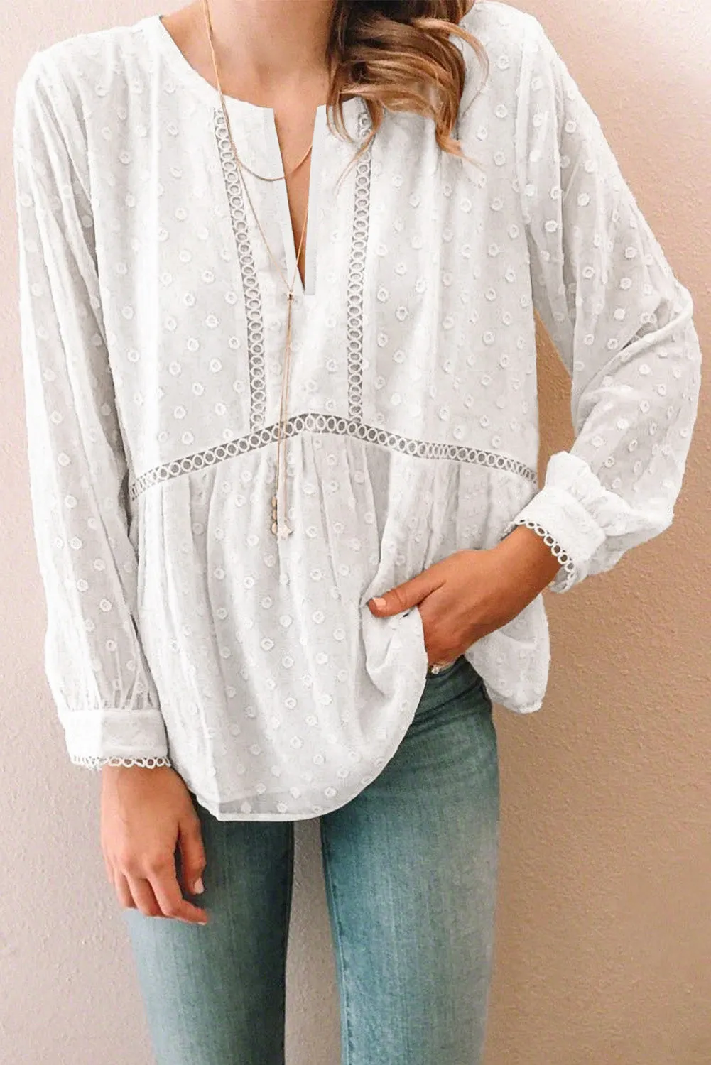 Lace Dot V-Neck Peplum Blouse