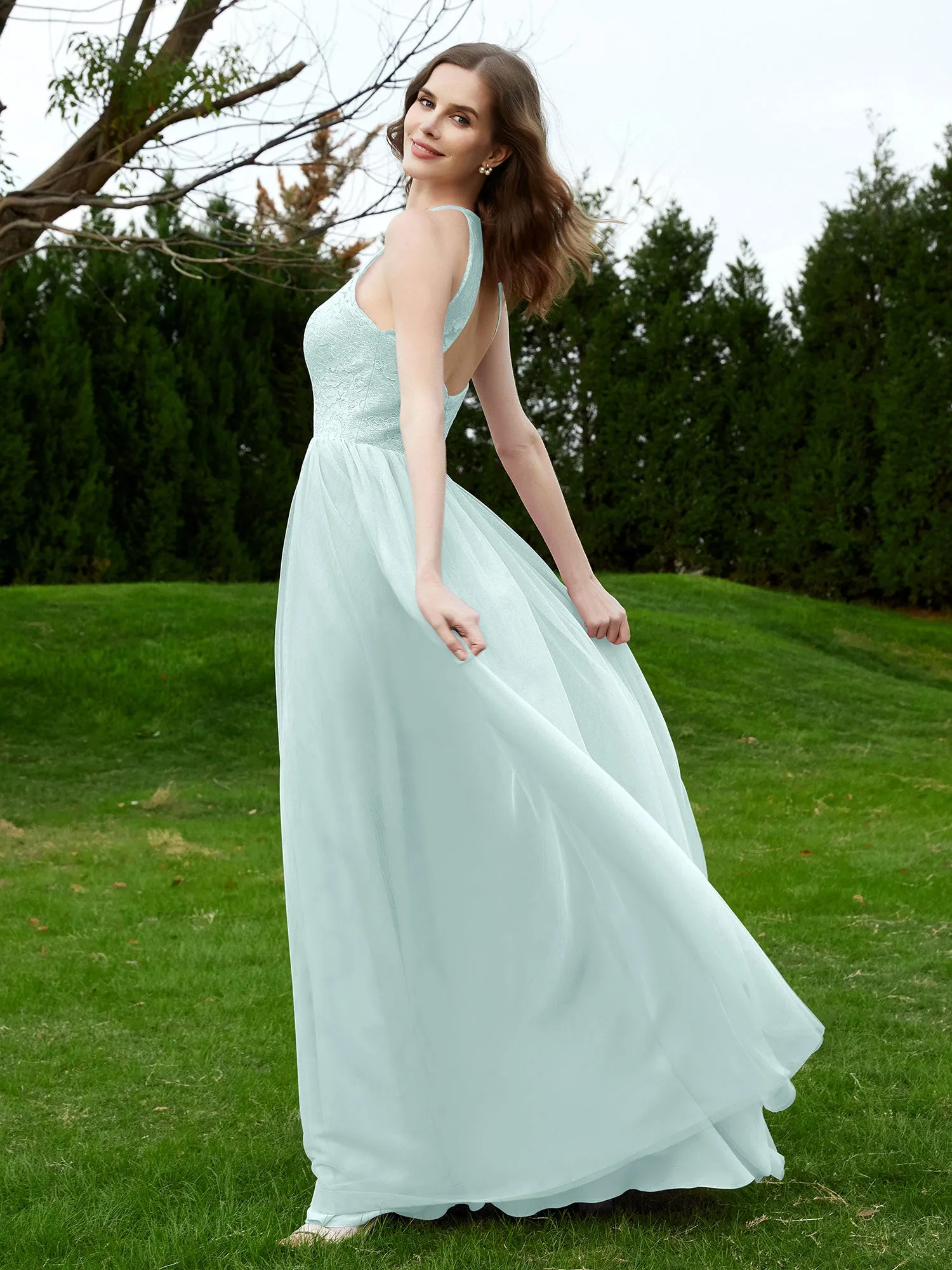 Lace Tulle Bridesmaid Gown Halter Neckline Mist