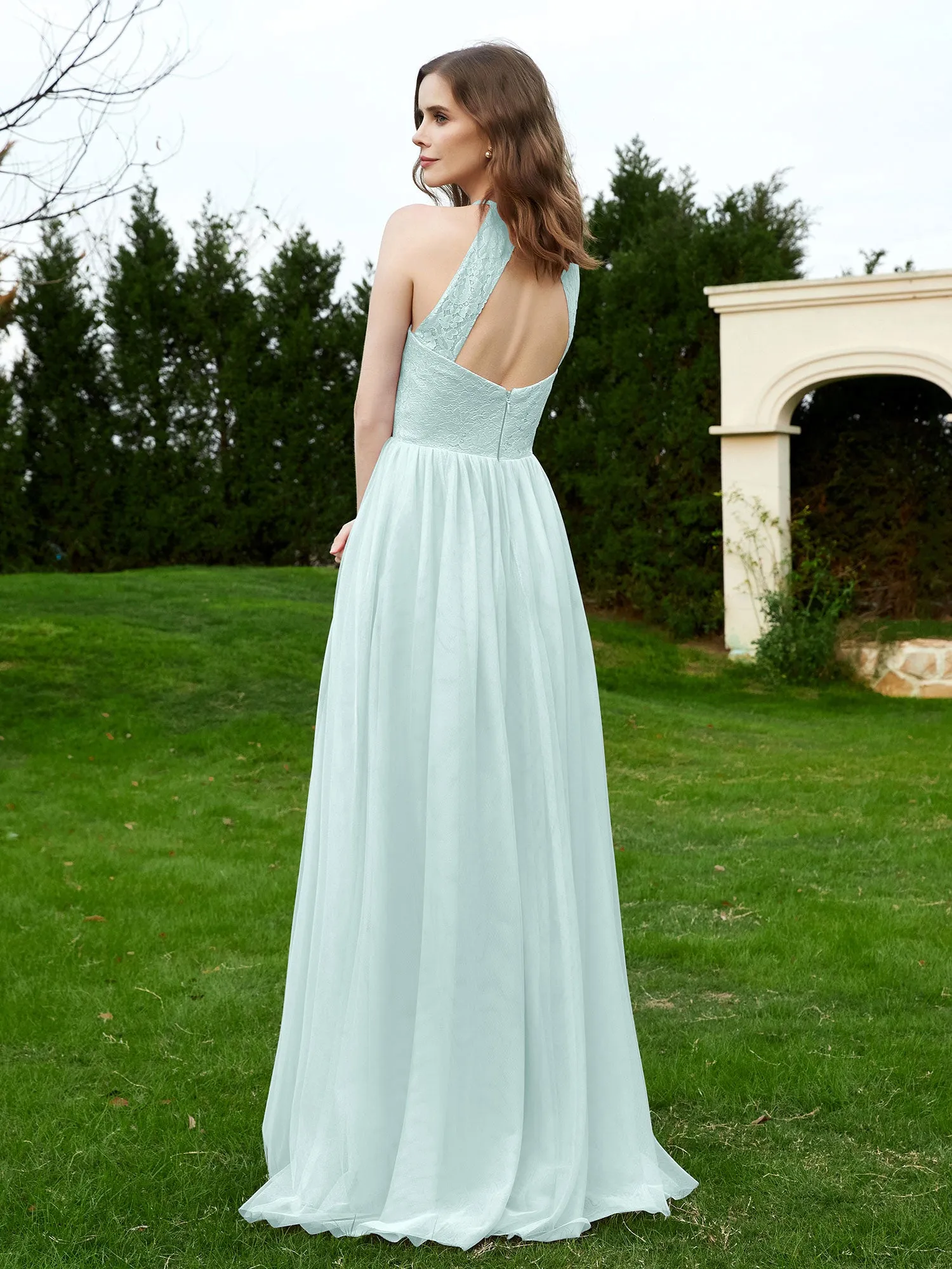 Lace Tulle Bridesmaid Gown Halter Neckline Mist