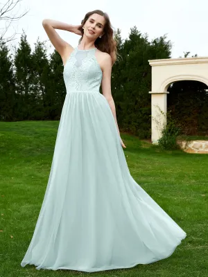Lace Tulle Bridesmaid Gown Halter Neckline Mist