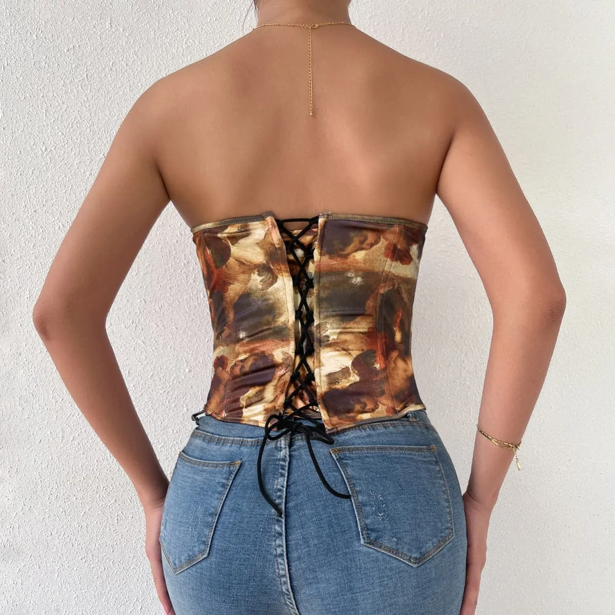 Lace up back button print heart neck bustier tube top