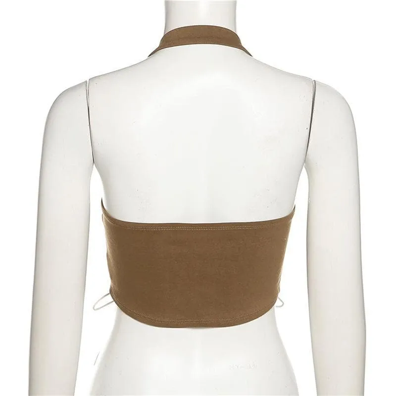 Lace up halter open back crop top