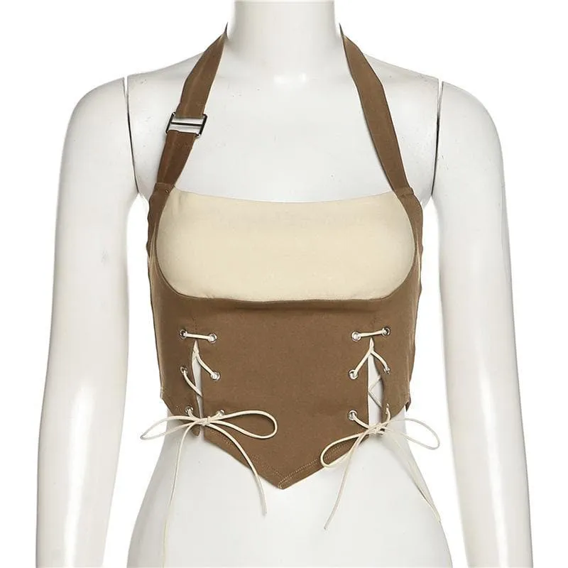 Lace up halter open back crop top