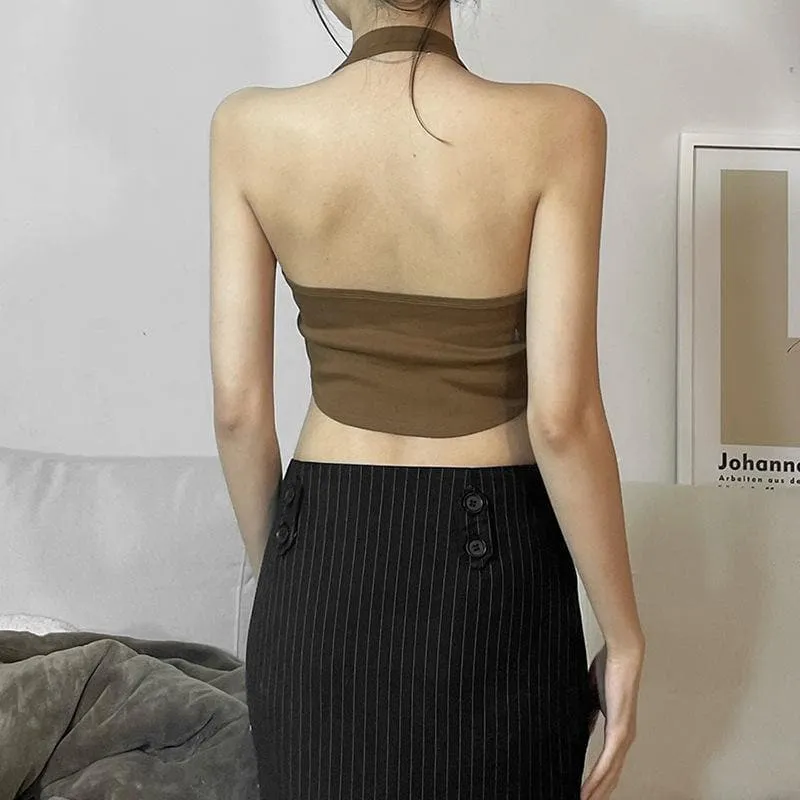 Lace up halter open back crop top