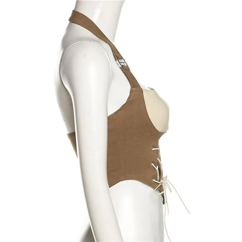 Lace up halter open back crop top