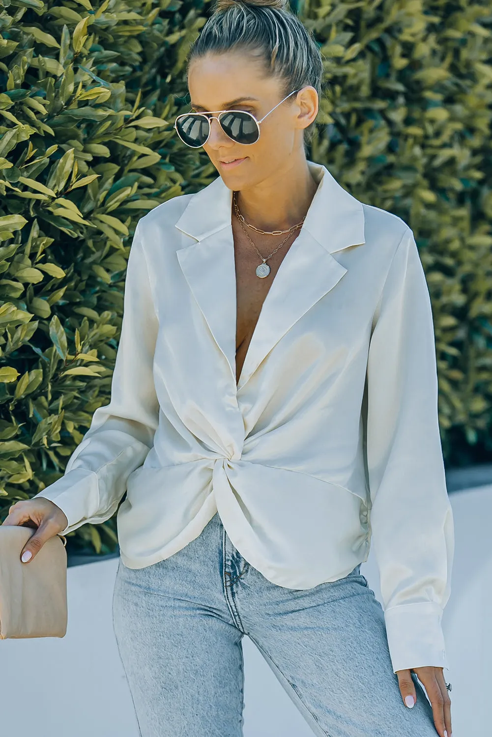 Lapel Neck Twist Long Sleeve Shirt