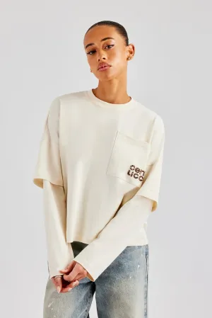Layered Long Sleeve Glitter Applique T-Shirt - Off White