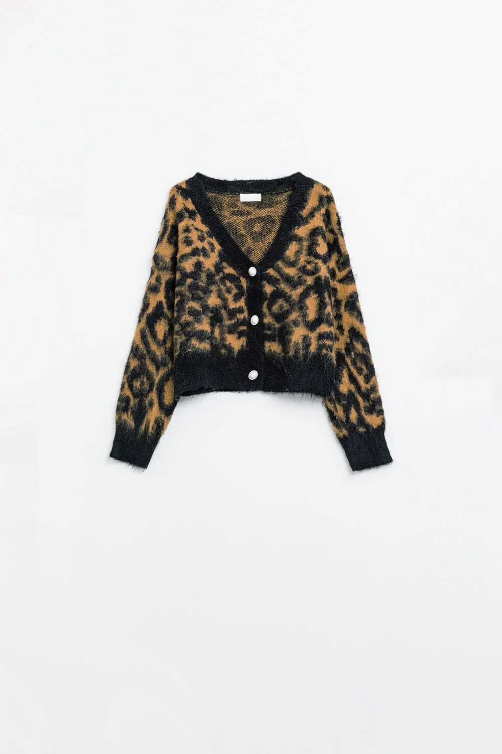 Leopard print cardigan made of knitted fabric with wool in Camel