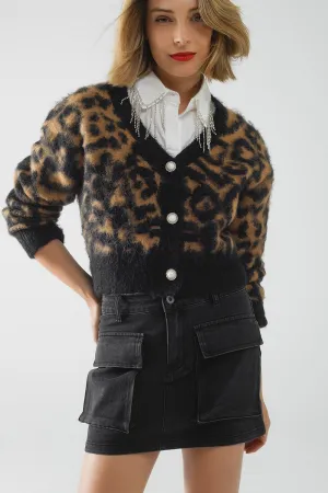 Leopard print cardigan made of knitted fabric with wool in Camel