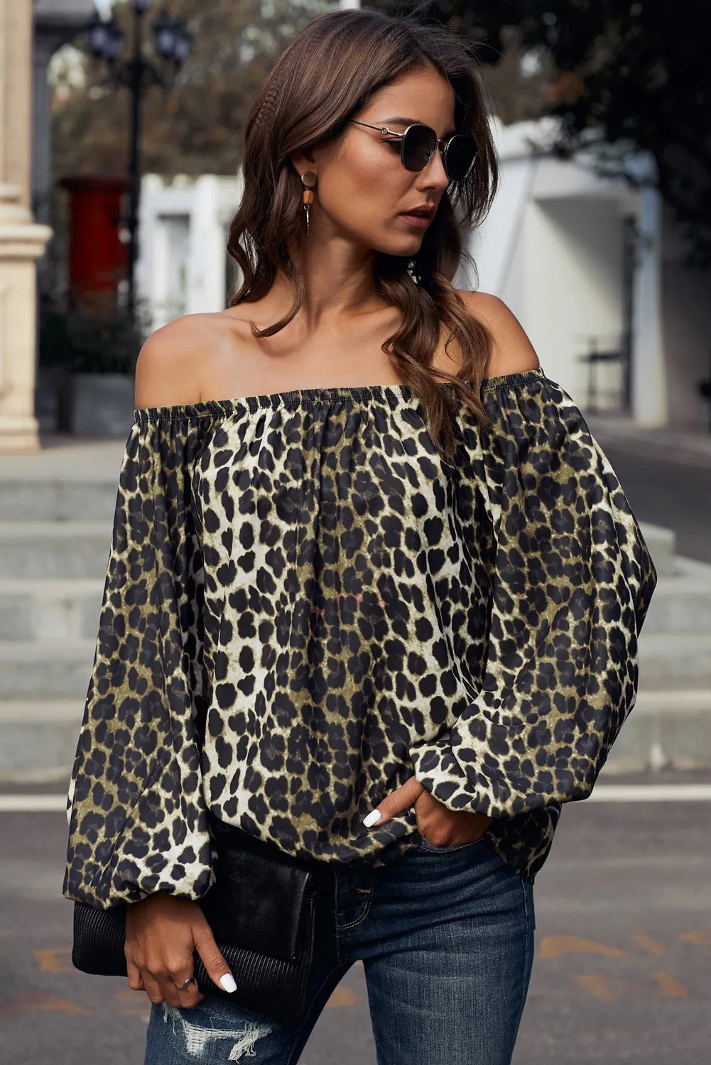Leopard Print Long Sleeve Elastic Neck Off Shoulder Top