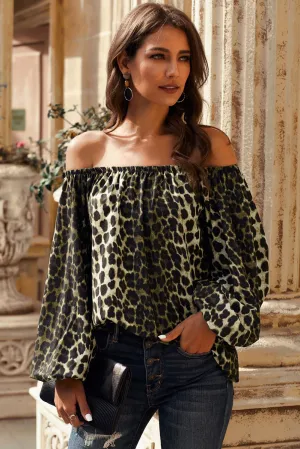 Leopard Print Long Sleeve Elastic Neck Off Shoulder Top