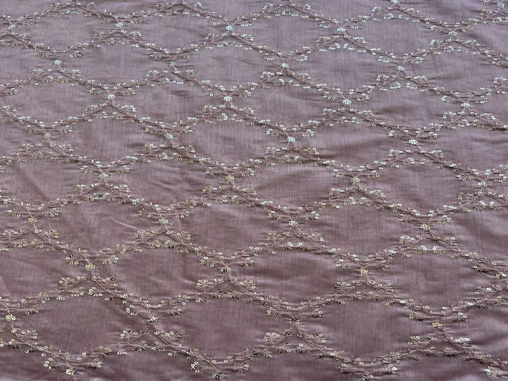 Light Pink Floral Sequins Embroidered Chanderi Fabric (Wholesale)