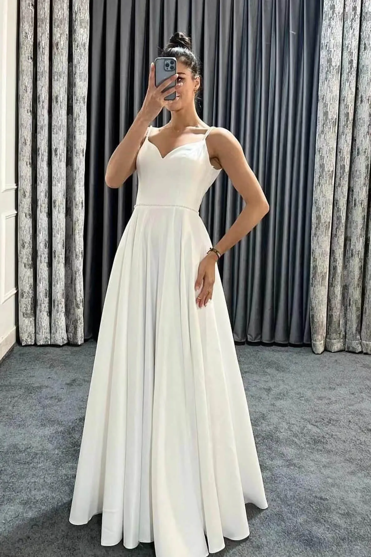 Long A-line Spaghetti Straps V-Neck Sleeveless Prom Dresses with Pockets