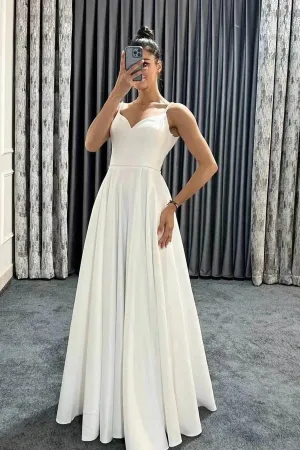 Long A-line Spaghetti Straps V-Neck Sleeveless Prom Dresses with Pockets