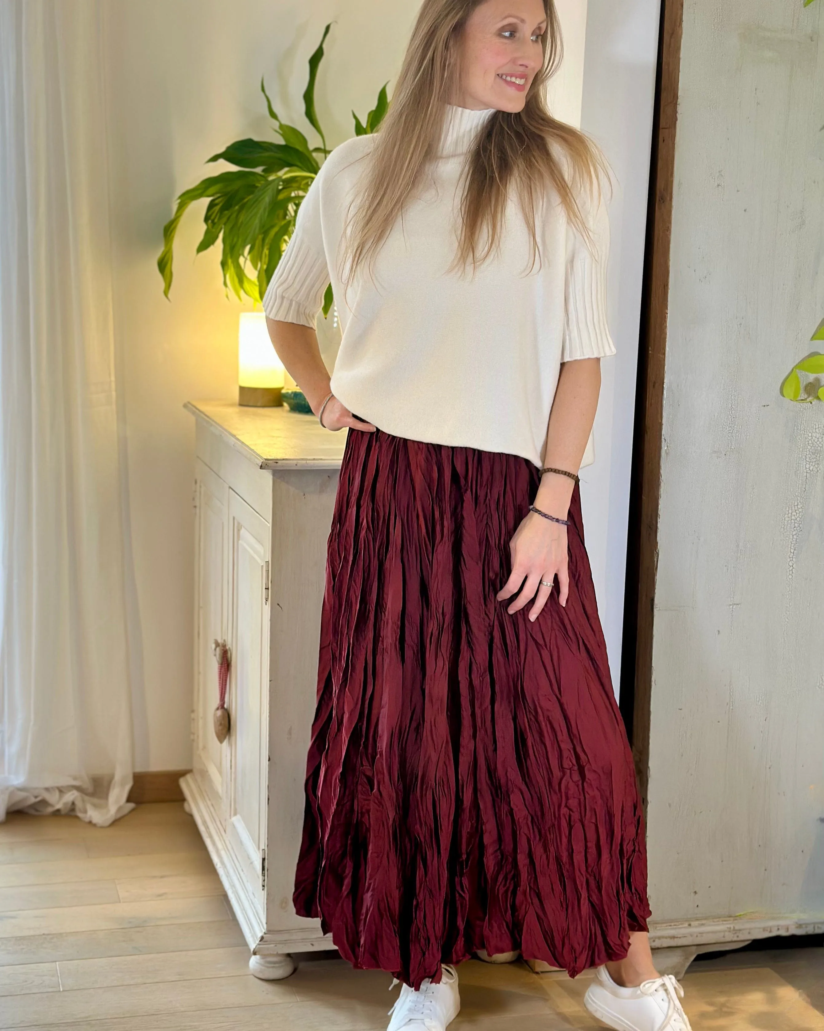 Long Crinkle Satin Skirt - Wine