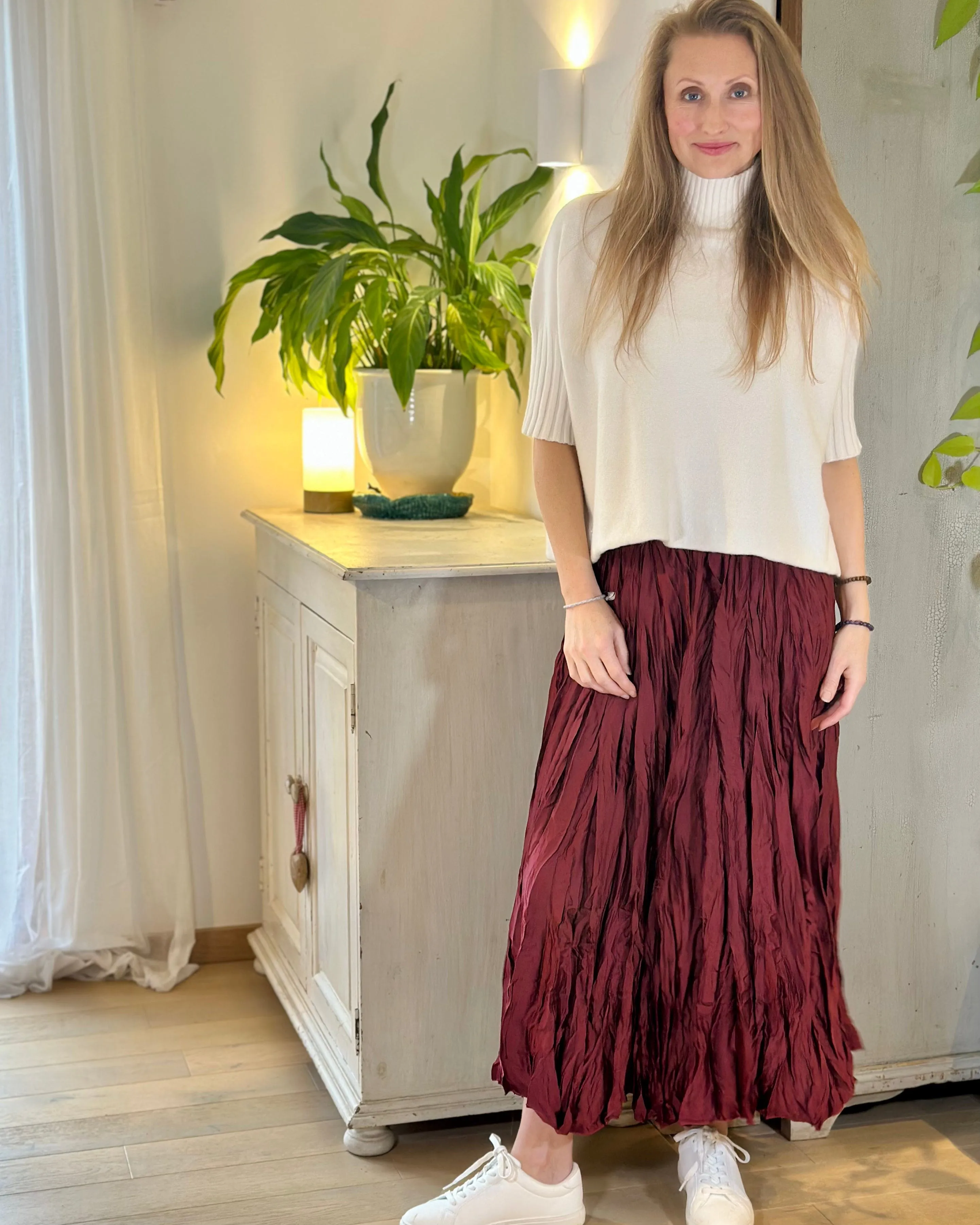 Long Crinkle Satin Skirt - Wine