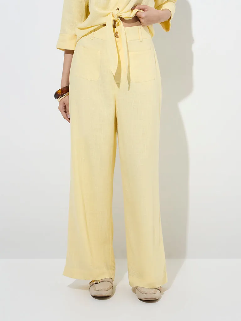 LOV Yellow High-Rise Linen-Blend Trousers