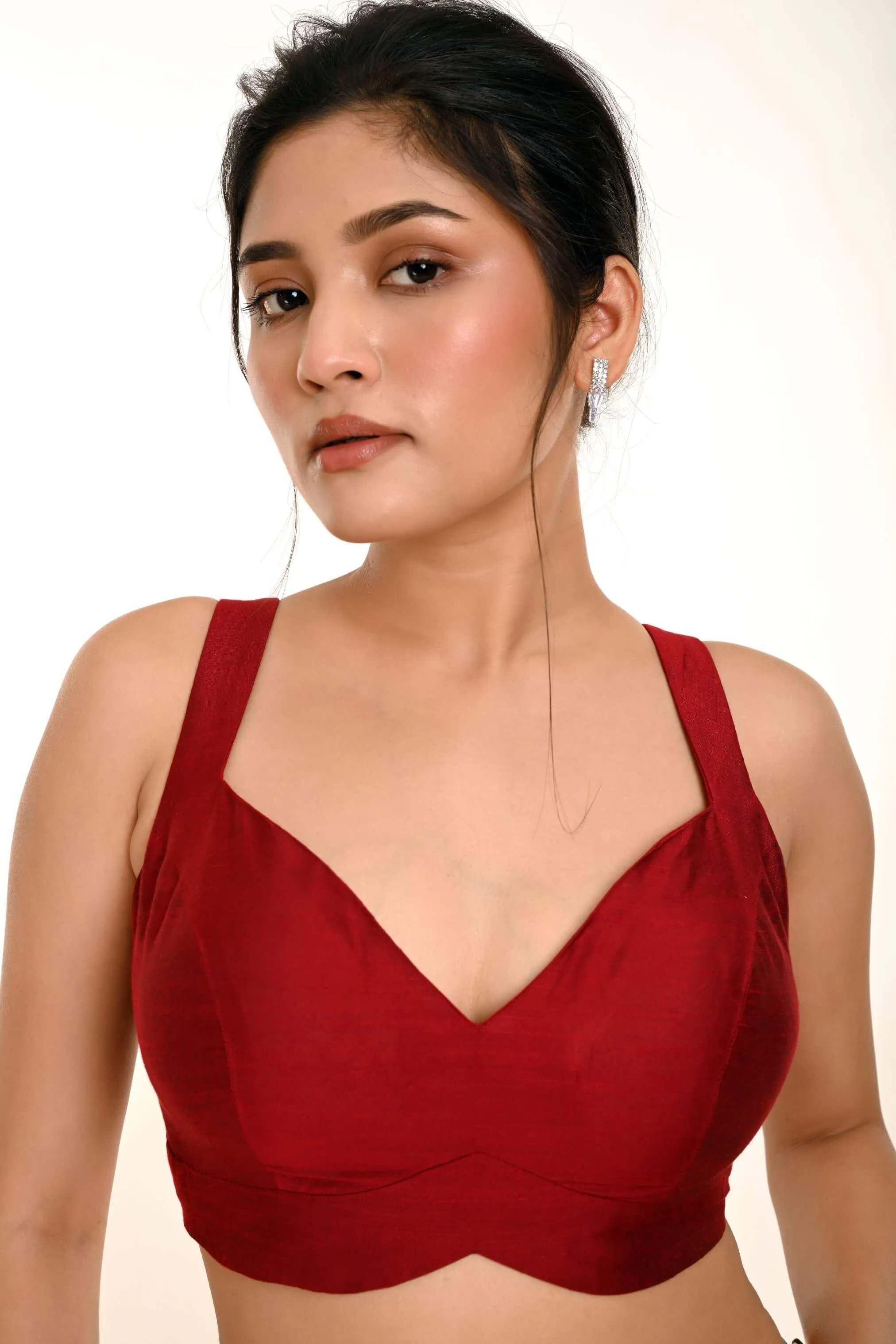 Maroon Sleeveless Pure Raw Silk Blouse with Sweetheart Neckline