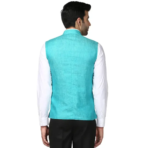 Men Blue Slim Fit Plain Linen Waist Coat