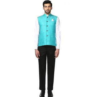 Men Blue Slim Fit Plain Linen Waist Coat