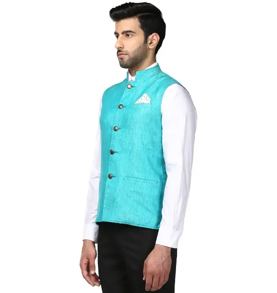Men Blue Slim Fit Plain Linen Waist Coat