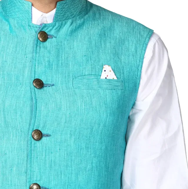 Men Blue Slim Fit Plain Linen Waist Coat