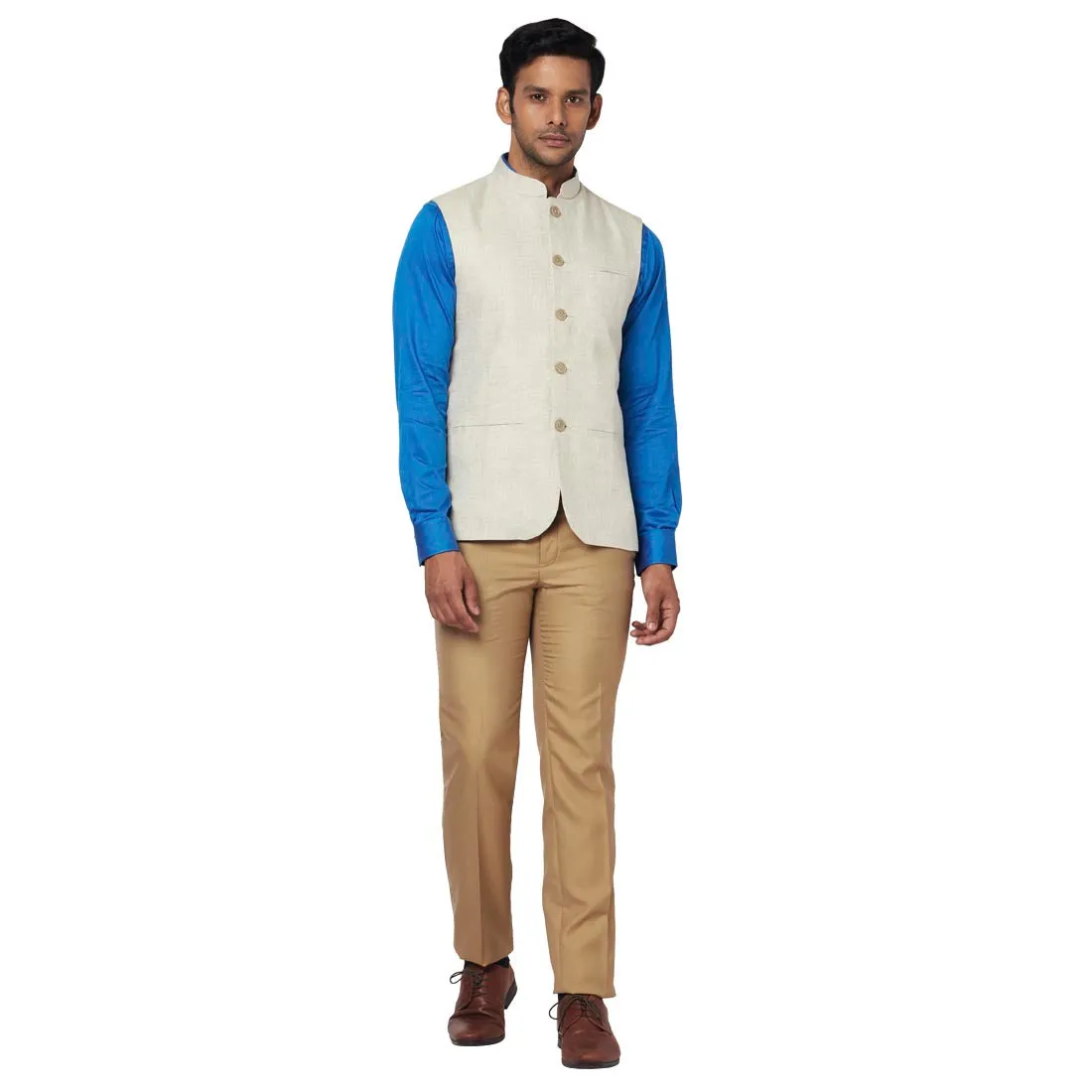 Men Fawn Slim Fit Plain Linen Waist Coat