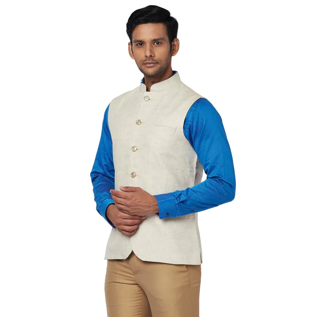 Men Fawn Slim Fit Plain Linen Waist Coat