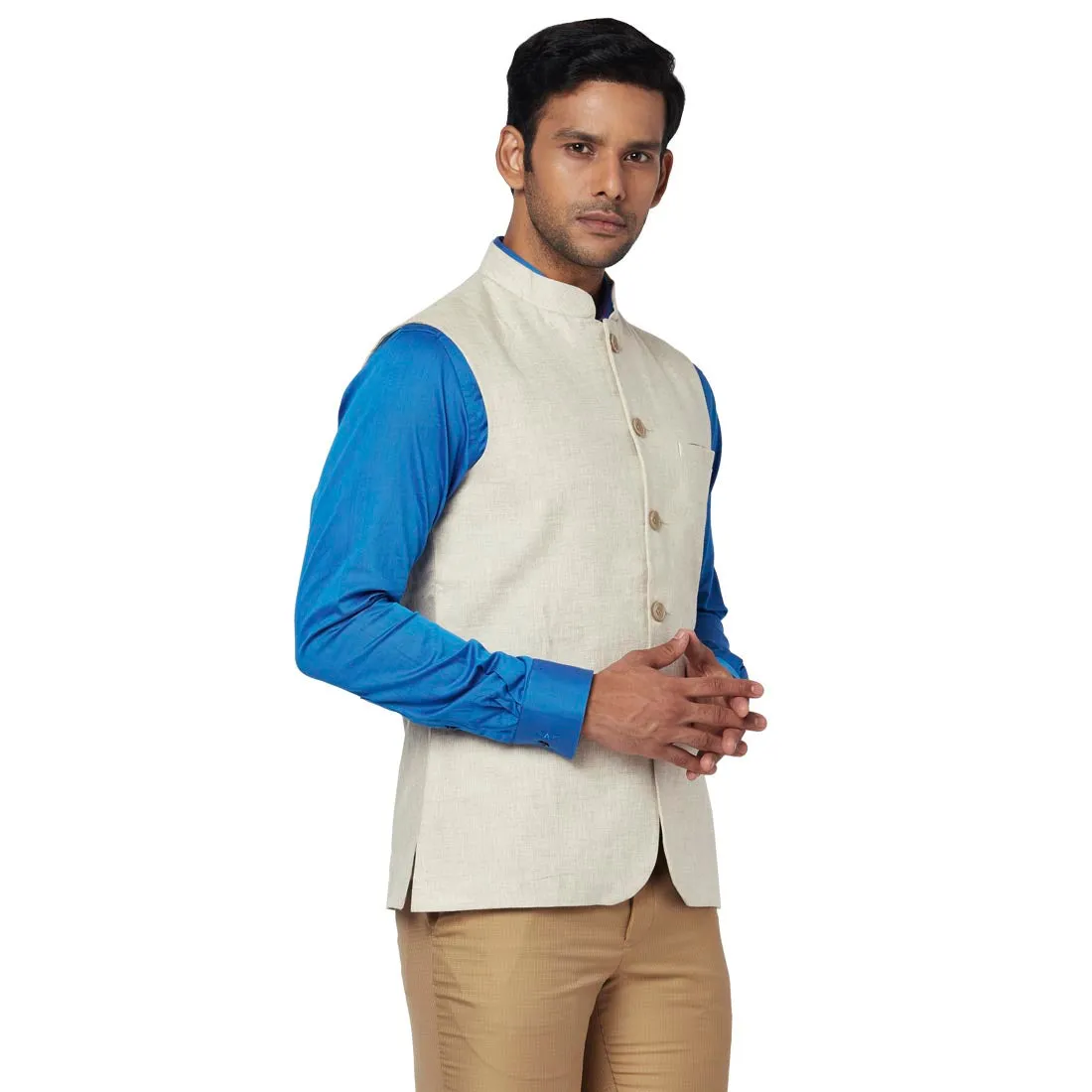 Men Fawn Slim Fit Plain Linen Waist Coat