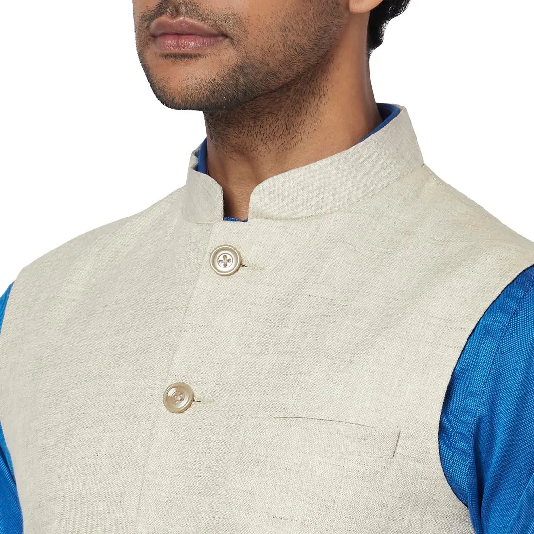 Men Fawn Slim Fit Plain Linen Waist Coat