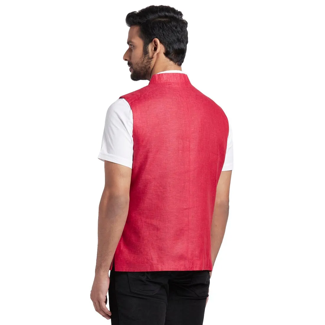 Men Red Solid Linen Waist Coat