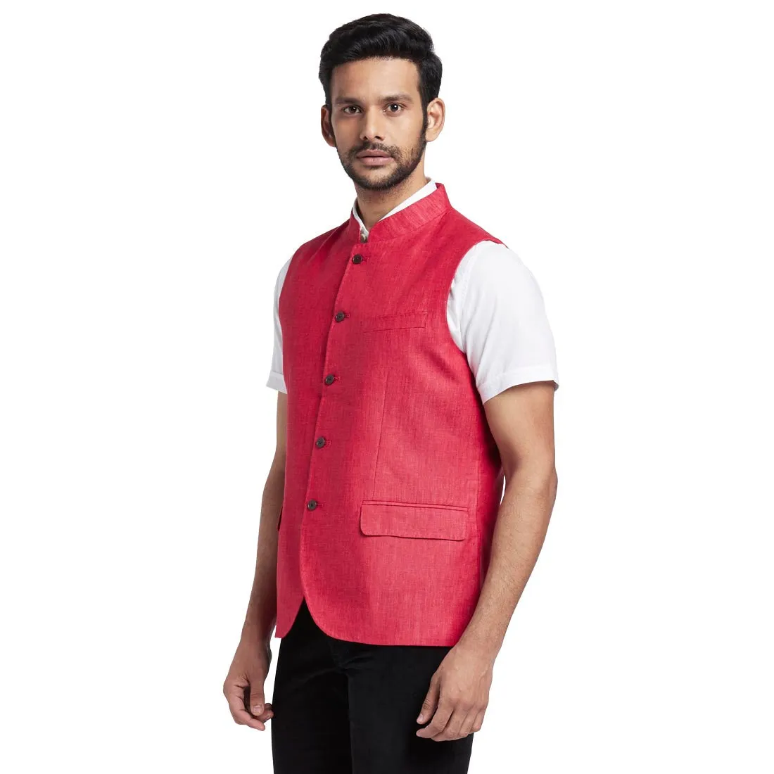 Men Red Solid Linen Waist Coat