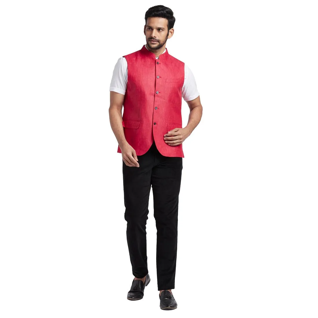 Men Red Solid Linen Waist Coat