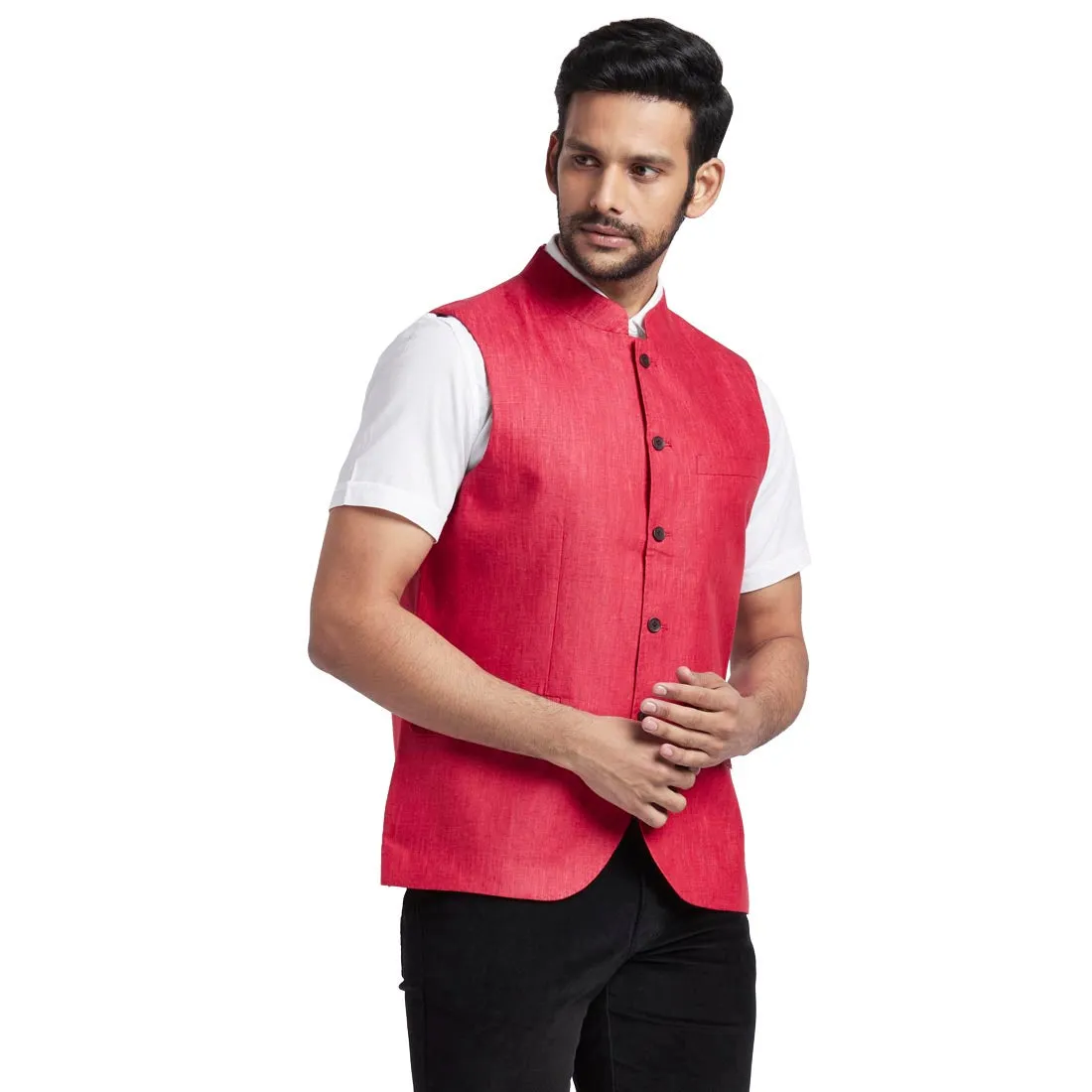 Men Red Solid Linen Waist Coat