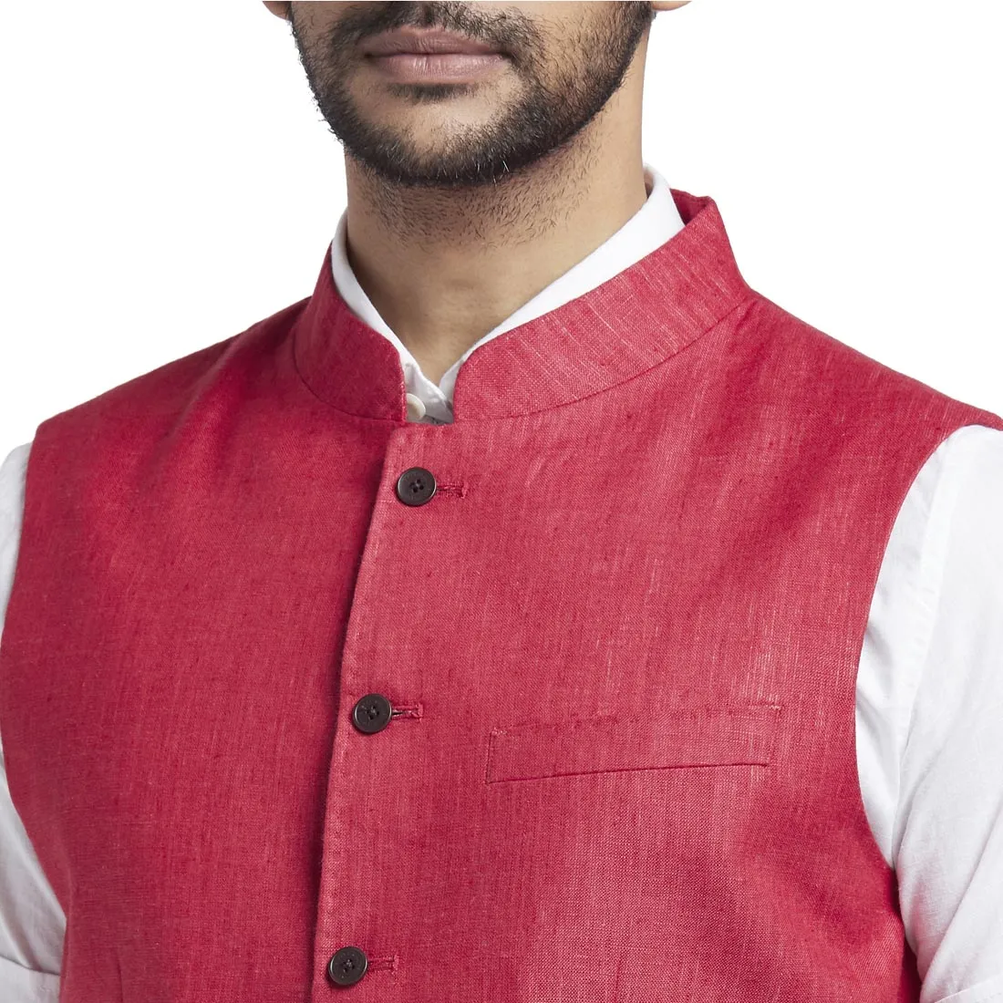 Men Red Solid Linen Waist Coat